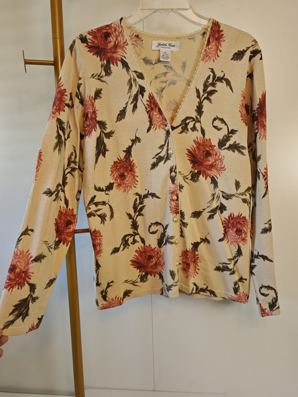 Vintage Grannycore 90s Silk Blend Cream Floral Button-Front Cardigan Sweater Med